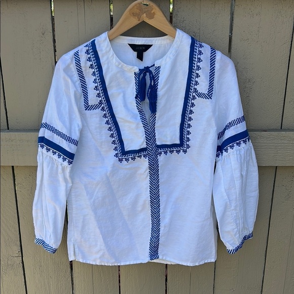 J. Crew Linen Blend Embroidered Blouse Bohemian Festival Hippie Vibes Sz 0P - Picture 1 of 5
